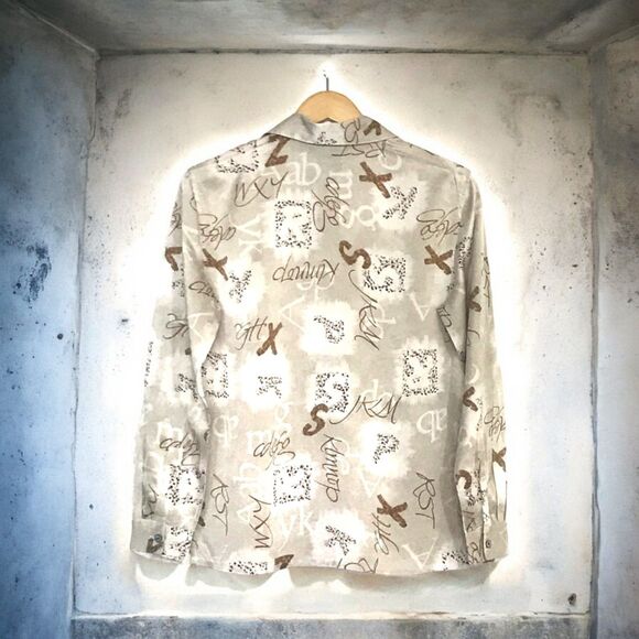 CITY SILK Button Down Long Sleeve Ivory Beige Tan Printed Blouse Sz M - Picture 5 of 5
